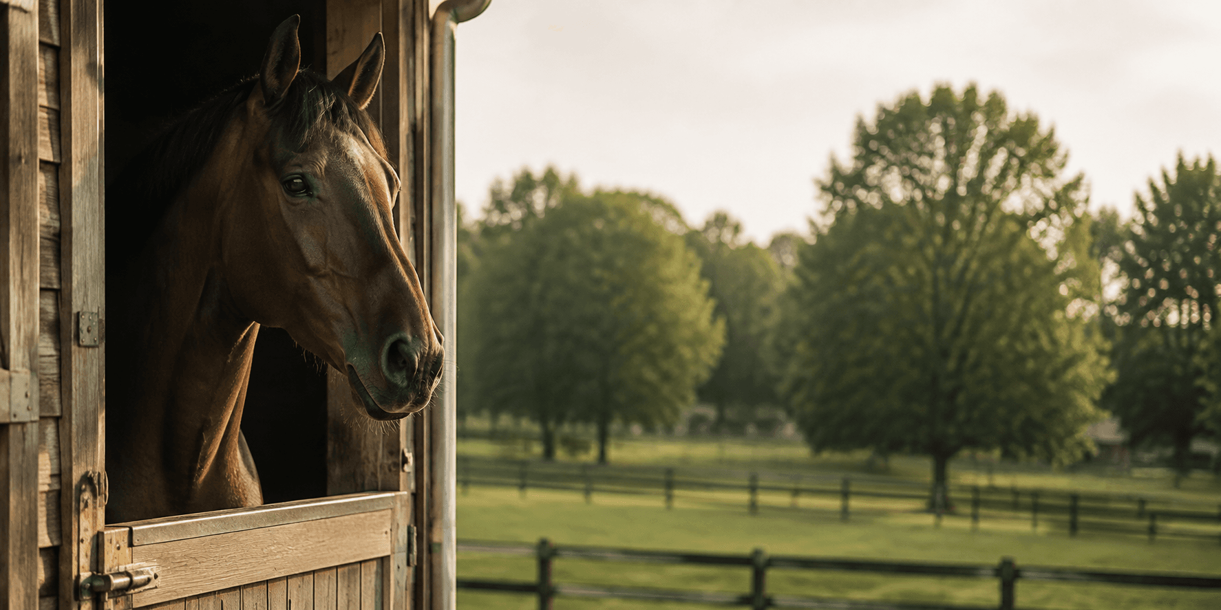 Horse looking out from a stable toward a pasture